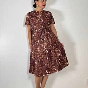 70's Vintage Floral A-Line Brown Dress - Size L